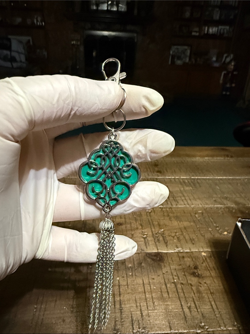 Green Enamel Filigree Tassel Keychain